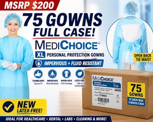 MSRP $200 NEW CASE OF 75 MediChoice 77765XL Personal Protection Gowns, Extra Large XL Blue Lightweight Fluid-Resistant Impervious Disposable Isolation Gowns With Thumbloops, Open Back, Apron Neck &amp Tie Waist, Latex-Free