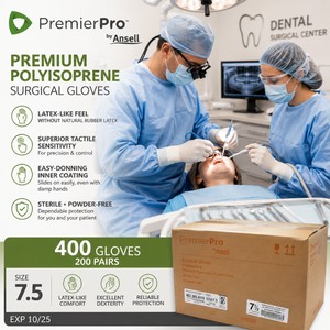 MSRP $600 NEW CASE 400 PremierPro by Ansell 43775 Polyisoprene Surgical Gloves Size 7.5, Premium Latex-Like Feel &amp Tactile Sensitivity for Long Precision Procedures, Easy-Donning Inner Coating, Sterile Powder-Free, Latex-Free, EXP 1025