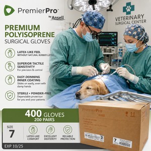 MSRP $600 NEW CASE 400 PremierPro by Ansell 43775 Polyisoprene Surgical Gloves Size 7, Premium Latex-Like Feel &amp Tactile Sensitivity for Long Precision Procedures, Easy-Donning Inner Coating, Sterile Powder-Free, Latex-Free, EXP 1025