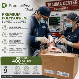 MSRP $600 NEW CASE 400 PremierPro by Ansell 43775 Polyisoprene Surgical Gloves Size 9, Premium Latex-Like Feel &amp Tactile Sensitivity for Long Precision Procedures, Easy-Donning Inner Coating, Sterile Powder-Free, Latex-Free, EXP 1025