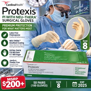 MSRP $200 NEW 50 Pairs Cardinal Health Protexis PI With Neu-Thera Premium Sterile Surgical Gloves Size 8, EXTRA-THICK 9.8 Mil Palm &amp 9 Mil Finger Protection, Latex-Free Polyisoprene, Moisturizing Emollient Coating, OR Surgery Use Exp 2025