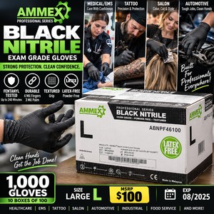 MSRP $100 NEW CASE 1,000 AMMEX Professional Black Nitrile Exam Gloves LARGE, Fentanyl Tested Up To 240 Minutes, 4 Mil Fingers, Textured Grip, Latex &amp Powder-Free, Tattoo, Salon, EMS, Medical &amp Mechanics