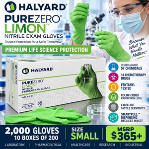 MSRP $365 NEW CASE 2,000 HALYARD LIFE SCIENCE LINE PUREZERO LIMON Nitrile Exam Gloves, SM, 10 Boxes,&nbspBright Green Color-Coded Chemical, Fentanyl &amp Chemo Drug Protection, Police, EMT, Life ScienceLabMedical Use