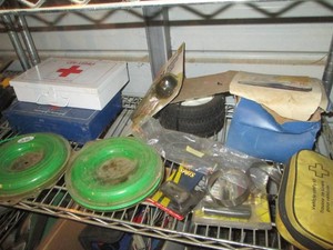 First aid kit containers, trimmer line, coolant tester tire repair supplies and more