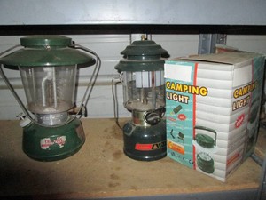 Thermos and Coleman kerosene lanterns plus 6volt camping light