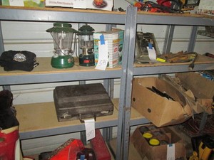 Pair of Metal framed shelves with wood tiers (no content)
