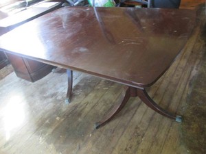 Vintage dark wood large clawfoot style double pedestal dining table with 4 leaf inserts