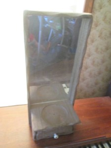 Vintage wood framed scalloped edge mirror with attached storage box approx 26in tall