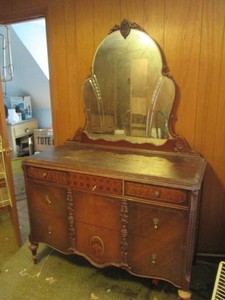 Vintage wood vanity style dresser with scalloped edge mirror