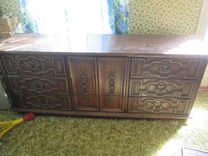 Vintage hardwood 9-drawer long dresser with extreme carved details and antique brass style hardware
