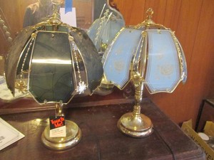 Pair metal base glass shade touch lamps