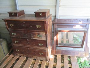 Vintage wood East Lake style chest of drawers with keepsake style top mounted drawers, brass tone hardware and detailed carvings and detachable framed swivel mirror dresser without mirror approx 40x20x46in