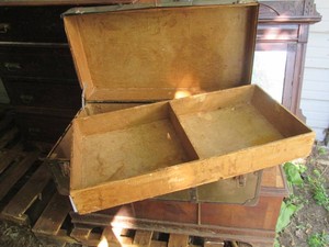 Vintage wood Storage trunk footlocker with metal accents and leather handles approx 30x16x12in