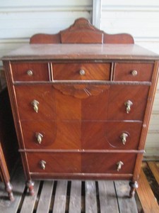 Vintage wood 6-drawer gentlemen highboy dresser with antique brass tone hardware and carved detail approx 34x20x53in