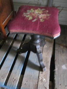 Vintage wood pedestal style stool with embroidered padded seat