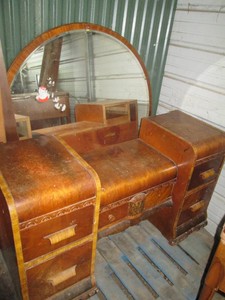 Vintage Curved wood vanity dresser and match8ng rounded mirror