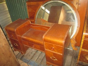 Vintage Curved wood vanity dresser with wood framed rounded mirror and matching king size wood bed