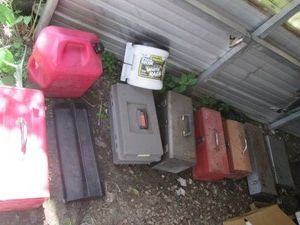 Collection of Metal toolboxes , gas can and white rags bucket