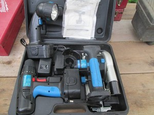 Power Glide cordless drill, circular saw and light set with batteries and charger
