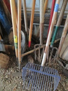 Pitch fork variety, shop broom, shovels, hoes and scooper
