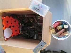 Box of assorted gauge shotgun cartridges, targets and misc other hunting related misc