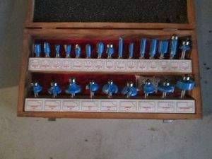 Tough test router bit set in wood case