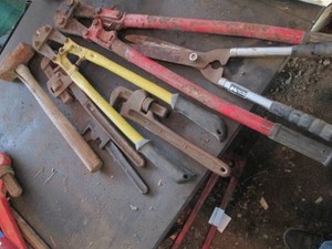 Large bolt cutters, pipe wrenches and other misc hand tools
