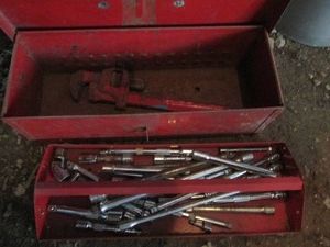 16in metal tool box with mismatch tray and assorted size and length socket extensions
