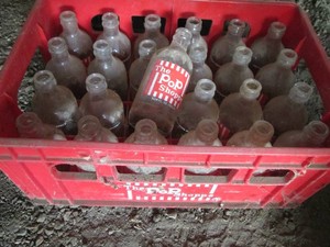 Plastic organizer crate containing The pop shop soda bottles