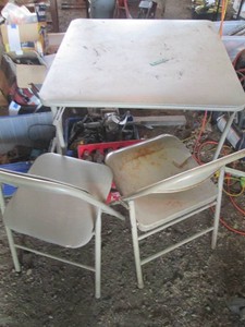 Standard folding card table plus (2) metal folding chairs