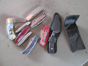 Utility, pocket and fixed blade knife collection with desk top size metal lidded trash can