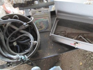 Bucket and metal 16in toolbox, misc hex keys and bungee cords