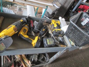 Dewalt 18v Cordless reciprocating saw, hammer drill and Drilldriver with 4-batteries and 1-charger plus misc tools and supplies