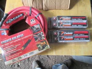 Paslode fuel cell framing nailer cartridges plus Avagard 25ft rubber air hose and vinyl zip pouches with wash bucket