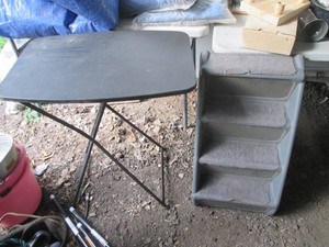 Rubbermaid style folding pet stairs with folding personal size table