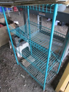 Teal wire rack style 4-tier shelf approx 3-12ft tall