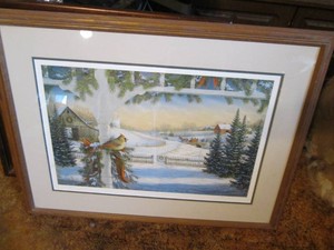 Female Cardinal in Winter framed, signed print by illegible author
