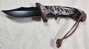 Skull & Native Warrior Folding Knife  Black Blade  NEW