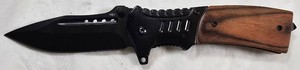 440C Steel Folding Knife  Wood-Grain Handle  Black Blade & Pocket Clip