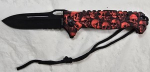 Red Skull Folding Knife  Black Stainless Steel Blade  Lanyard  NEW