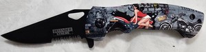 Defender Xtreme Motorcycle Graphic Folding Knife  3CR13 Serrated Blade NEW