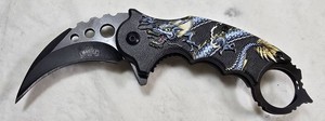 Master USA Dragon Karambit-Style Folding Knife  Curved Black Blade, Finger Ring & Box  NEW