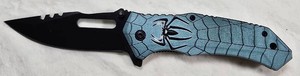 Spider Web Black Blade Folding Knife w Blue Graphic Handle NEW