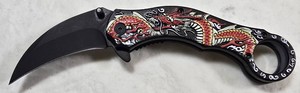 Red Dragon Karambit-Style Folding Knife  Curved Black Blade NEW