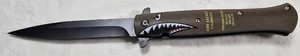 Military Shark Mouth Folding Pocket Stiletto  Black Blade, Pocket Clip & Flipper  NEW