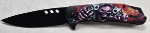 Skull & Guns Graphic Folding Knife  Black Blade, RedPurple Handle  NEW