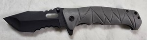 Gray 440 Stainless Tanto Folding Knife  Black Partially Serrated Blade  NEW