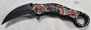 Dragon Karambit-Style Folding Knife  Black Curved Blade & Graphic Handle NEW