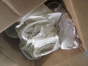 (BR3) Box Full of Collector Plates with Stands and Coffee Cups