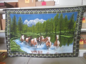 (EC1) Vintage Turkish Horses Tapestry Wall Hanging 52 x 35
